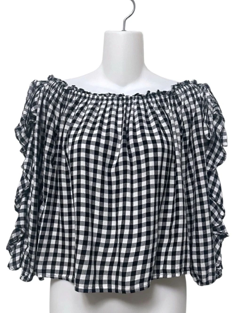 AEO Plaid Check Ruffle Sleeve Off Shoulder Blouse S